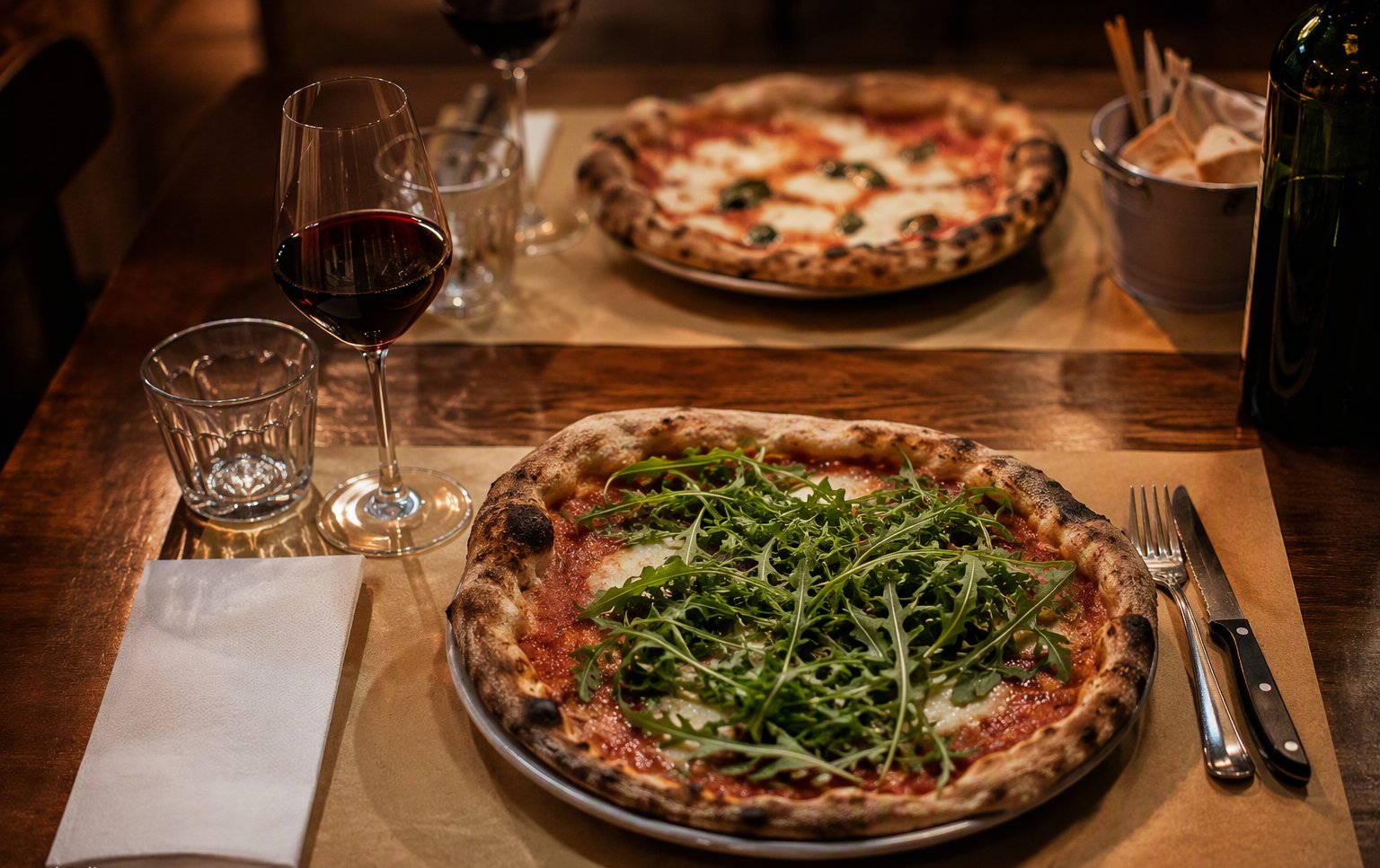 Il tavolo apparecchiato con la pizza alla rucola e un bicchiere di rosso