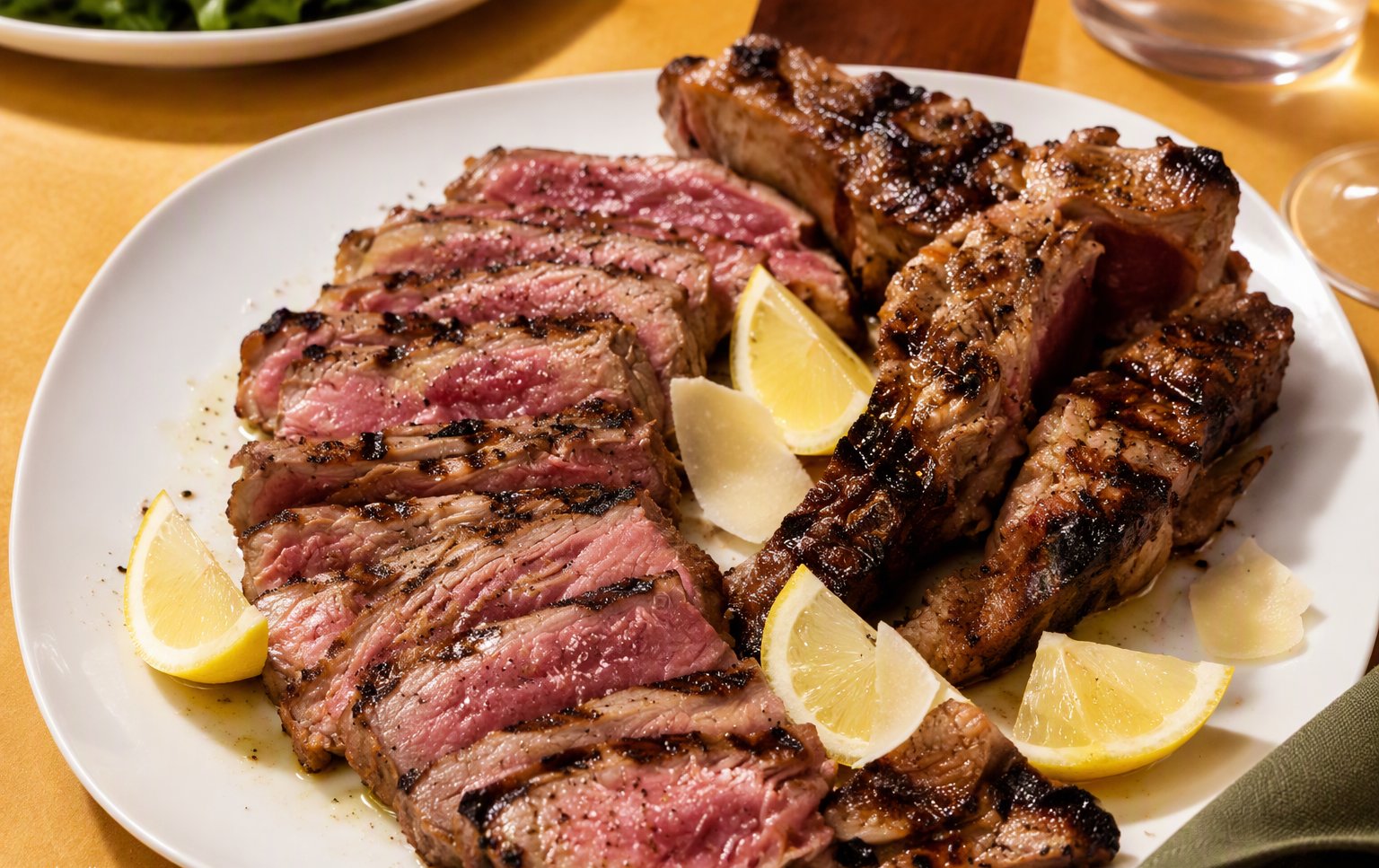 La tagliata affettata con scaglie di pecorino e spicchi di limone