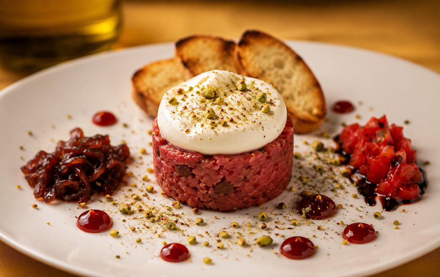 La tartare di manzo con burrata e pistacchi