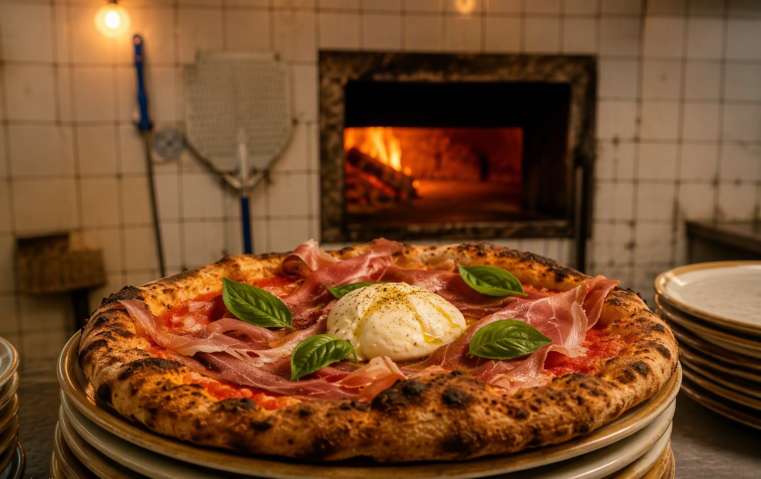 La pizza con burrata e prosciutto davanti al forno a legna acceso